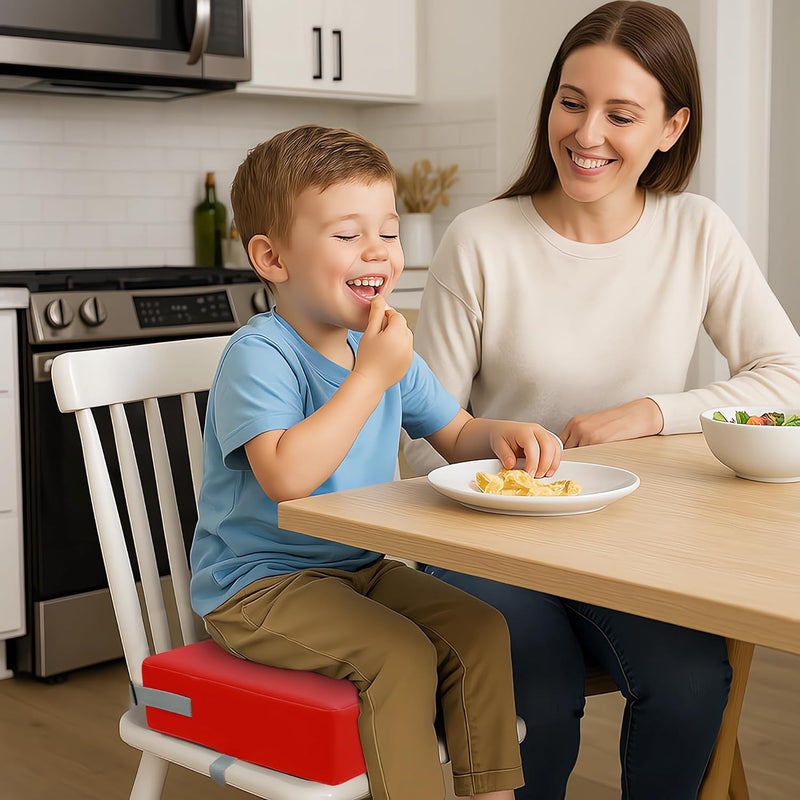 Eiury Toddler Booster Seat Dining Table Kitchen Chair, Waterproof Anti-Scratch PU Cushion, Non-Slip Bottom, Adjustable Buckle Straps, Easy Clean Portable Seat Cushion (Red) - Image 2